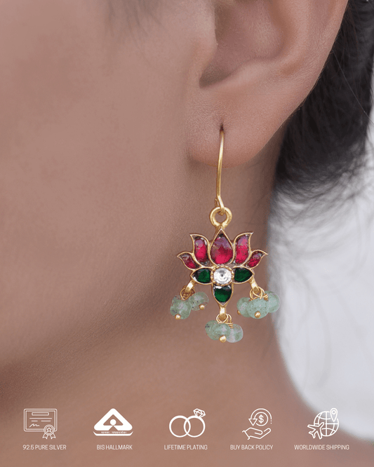 Silvernika Women Gold Plated Fish Lock Lotus Silver Earrings