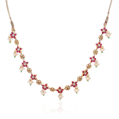 Silvernika 92.5 Silver Gold-Plated Pink & White Stone Necklace