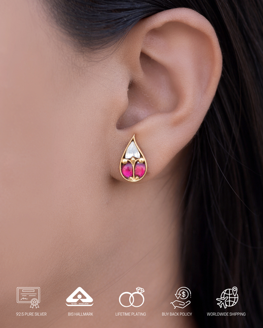 Silvernika Gold Plated 925 Sterling Silver Gold Plated Ruby Leaf Earrings