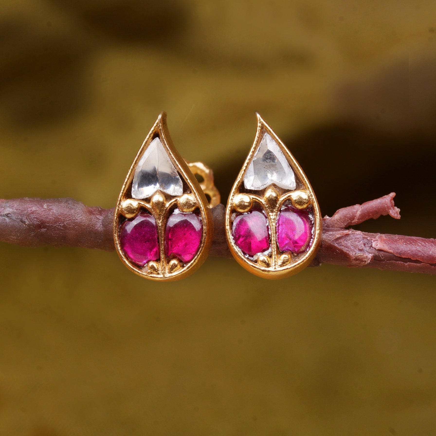 Silvernika Gold Plated 925 Sterling Silver Gold Plated Ruby Leaf Earrings